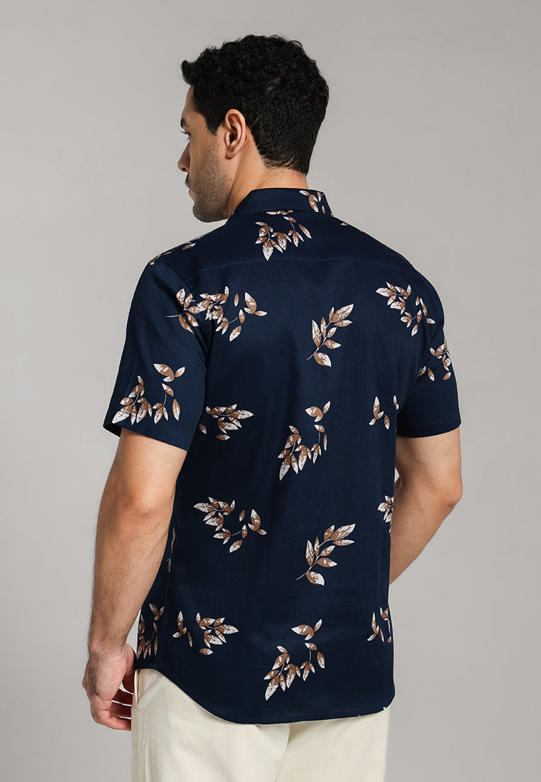 MOC - Kemeja Motif Lengan Pendek Pria Drain - Dark Blue