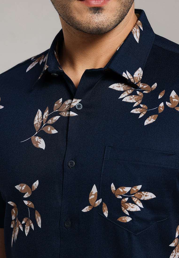 MOC - Kemeja Motif Lengan Pendek Pria Drain - Dark Blue