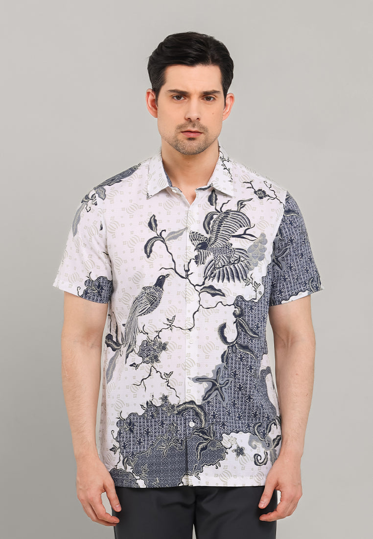 MOC - Kemeja Batik Pria Lengan Pendek Hortaras - White