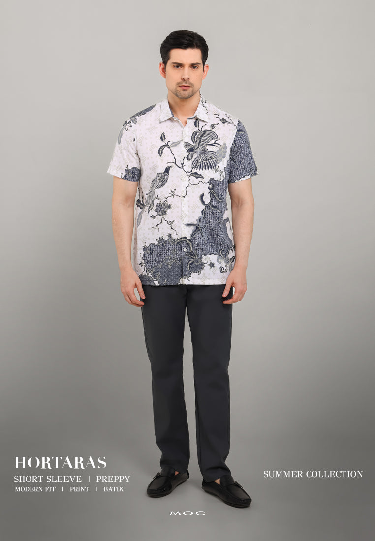 MOC - Kemeja Batik Pria Lengan Pendek Hortaras - White