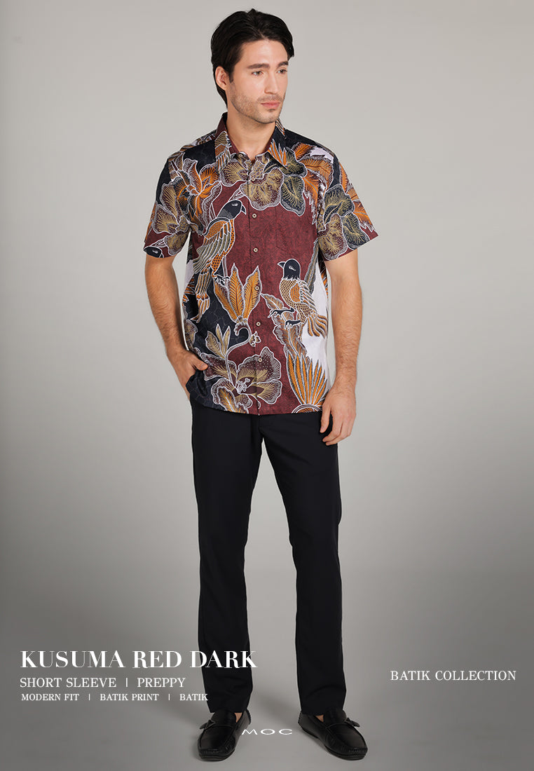 MOC Kemeja Batik Pria Lengan Pendek Kusuma - Red Dark