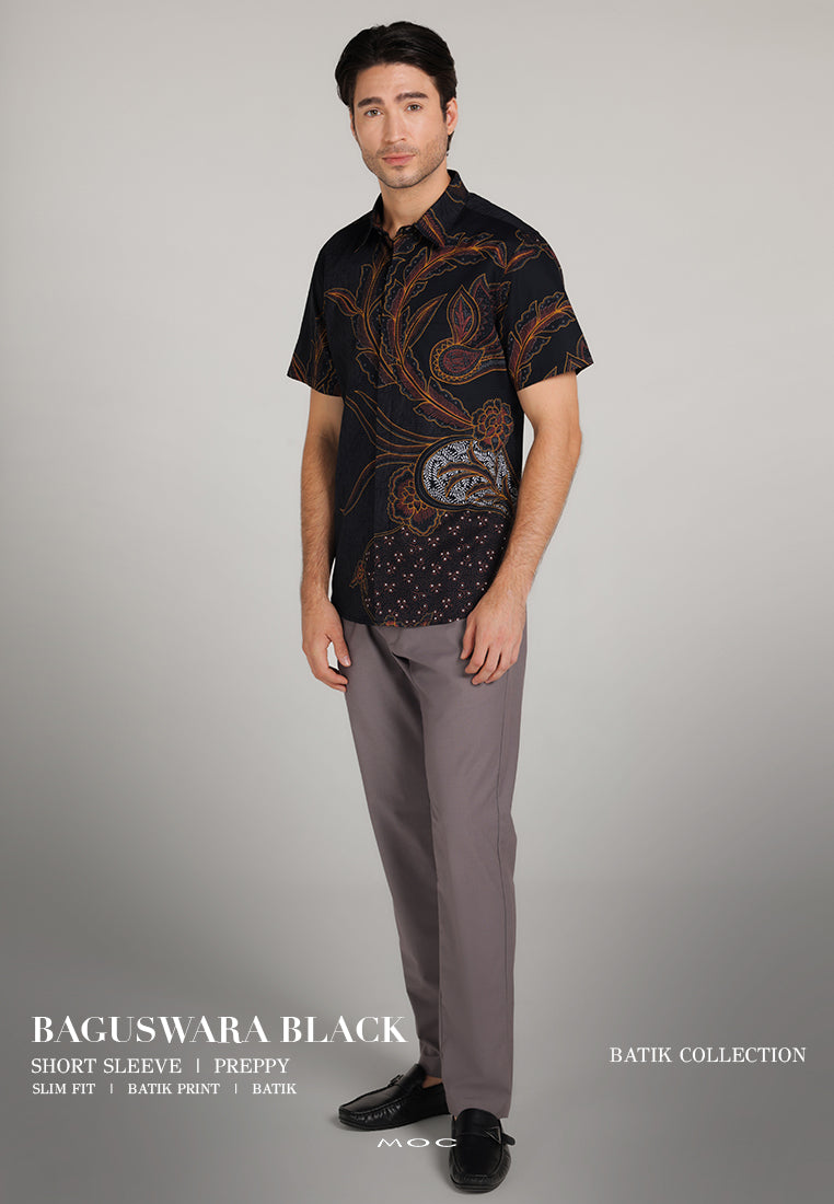 MOC Kemeja Batik Lengan Pendek Pria Baguswara- Black