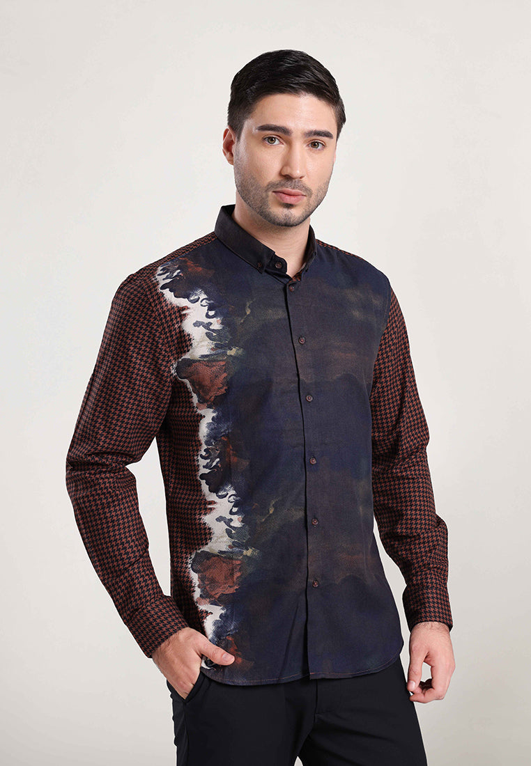 MOC Kemeja Motif Lengan Panjang Pria HONDU - Brown
