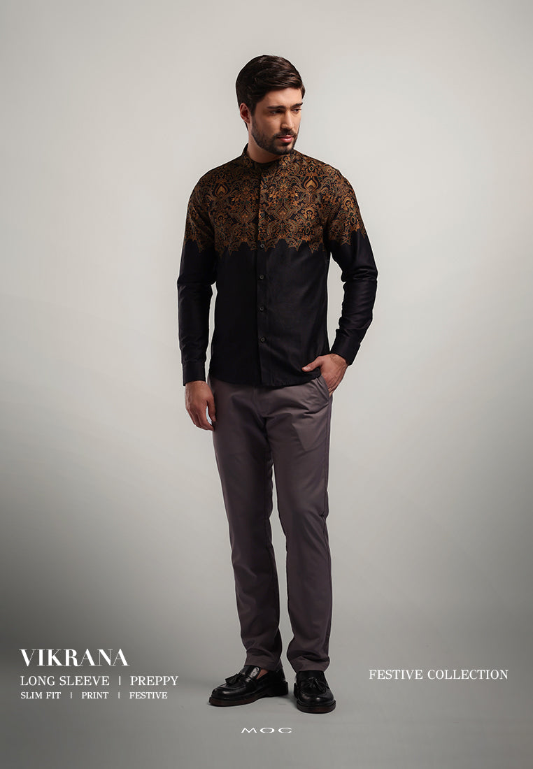 MOC Kemeja Koko Lengan Panjang Pria Slim Fit VIKRANA - BLACK
